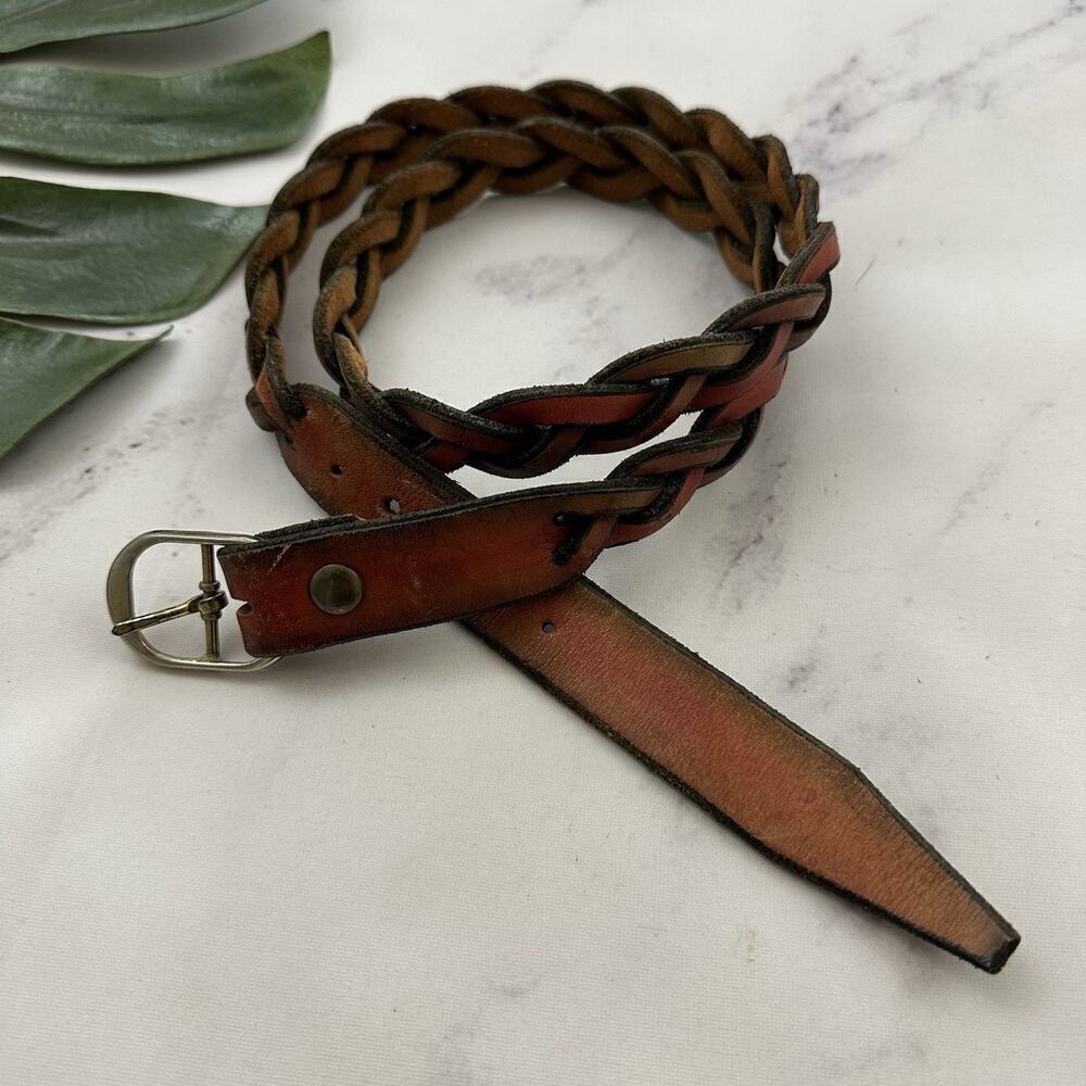 Handmade Womens Vintage 90s Braided Leather Belt Size M Red Orange Western